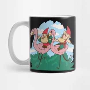 Garden Gnomes Racing Flamingos Mug